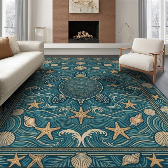ODIKA 8'x10' Washable Area Rug Durable, Non-Slip Wave Border Ocean Motif Seashell Scroll Frame Turtle Nautical Refined Structured for Living Room, Under Sectional, Family