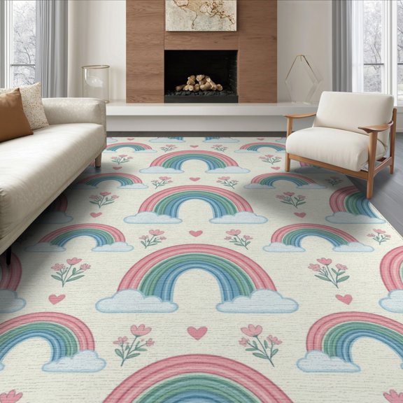 ODIKA 8'x10' Washable Area Rug Durable, Non-Slip Whimsical Cute Motifs Entry Scattered Polka Dot Pink Navy Refined for Living Room, Under Sectional, Family