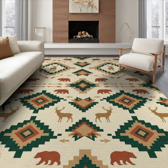 ODIKA 8'x10' Washable Area Rug Durable, Non-Slip Wildlife Stepped Border Livingroom Southwestern Large Cabin Neutral Playful for Living Room, Under Sectional, Family