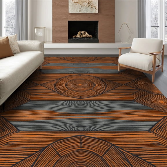 ODIKA 8'x10' Washable Area Rug Durable, Non-Slip Wood Grain Rustic Farmhouse Nature Ring Stripe Motif Tree Stump Refined for Living Room, Under Sectional, Family