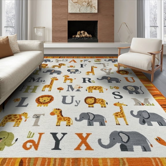 ODIKA 8'x10' Washable Area Rug Durable, Non-Slip Zoo Animal Educational Design With Alphabet Border And Safari Map Layout for Living Room, Under Sectional, Family