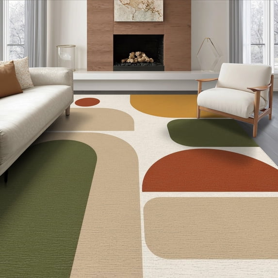 ODIKA 8'x10' Washable Area Rug Earthy Tones Geometric Abstract Artwork Modern Minimalist Shapes and Lines for Dining Room, Large Office, Lounge, Non-Slip Chair-Friendly Mat
