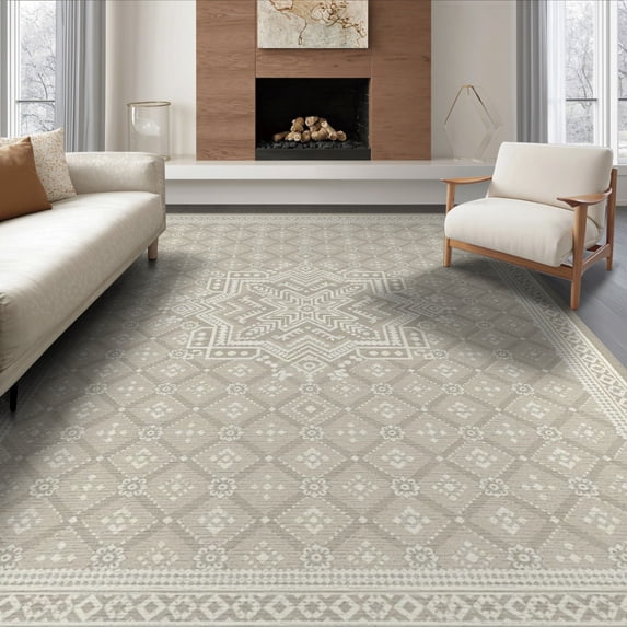 ODIKA 8'x10' Washable Area Rug Entry Grey Symmetrical Border Featuring Dotted Motifs Entryway for Dining Room, Large Office, Lounge, Non-Slip Chair-Friendly Mat
