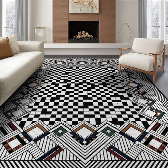 ODIKA 8'x10' Washable Area Rug Entryway Interlocking Bands Monochrome Contrast Bathroom Front for Dining Room, Large Office, Lounge, Non-Slip Chair-Friendly Mat
