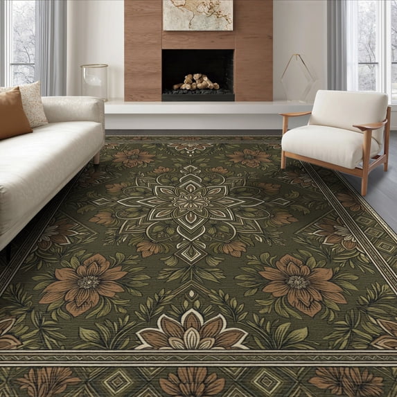 ODIKA 8'x10' Washable Area Rug Faded Distressed Border Scrolls Ornamental Scroll Vintage Boho Refined for Living Room, Under Sectional, Family , Durable, Non-Slip
