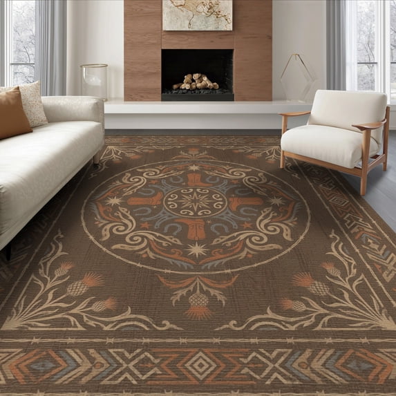 ODIKA 8'x10' Washable Area Rug Farmhouse Earthy Distressed Border Circle Cowboy Grain Vintage Playful for Living Room, Under Sectional, Family , Durable, Non-Slip