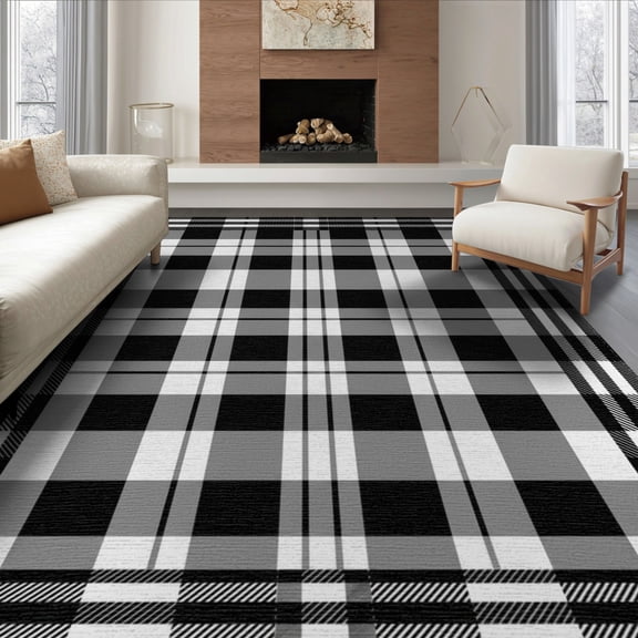 ODIKA 8'x10' Washable Area Rug Farmhouse Tartan Gingham Doormat Layering Plaid Checkered Under Playful for Living Room, Sectional, Family , Durable, Non-Slip
