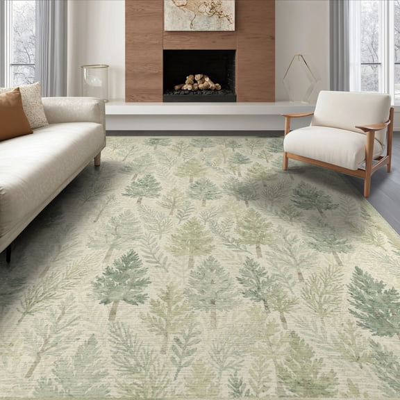 ODIKA 8'x10' Washable Area Rug Farmhouse Watercolor Forest Boho Botanical Hardwood Long Hallway for King Size Bedroom Under Bed, Master Suite, Non-Shedding, Easy Care
