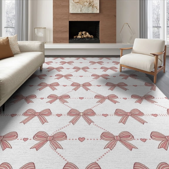 ODIKA 8'x10' Washable Area Rug Feminine Pink Ribbon Scattered Motif Charming Detail Short for Living Room, Under Sectional, Family , Durable, Non-Slip