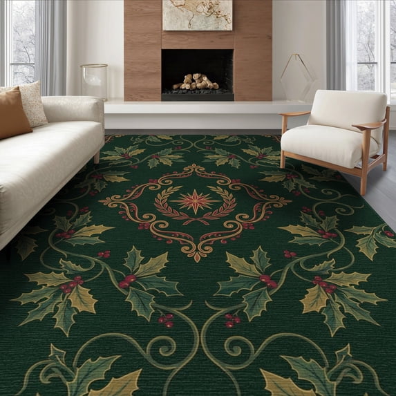 ODIKA 8'x10' Washable Area Rug Festive Botanical Snake Motif Border Circle Round Leaves Rings Playful for Dining Room, Large Office, Lounge, Non-Slip Chair-Friendly Mat