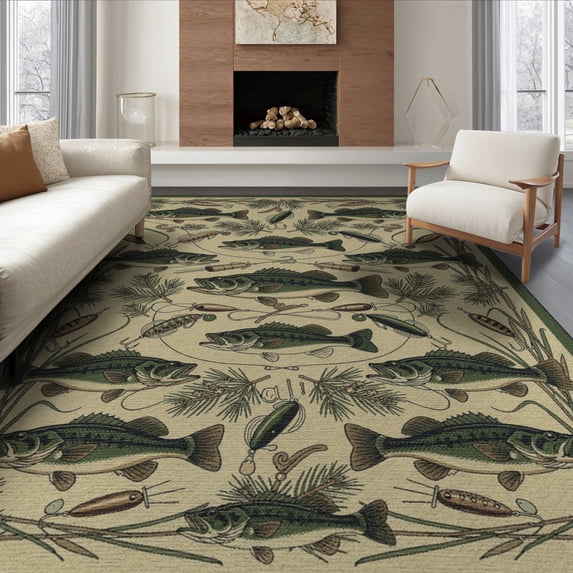 ODIKA 8'x10' Washable Area Rug Fishing Bass Lake Vintage Lure Cabin Motif Tackle Border Fish Flowing Dynamic for Dining Room, Large Office, Lounge, Non-Slip Chair-Friendly Mat
