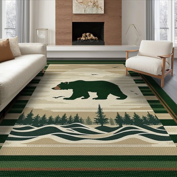 ODIKA 8'x10' Washable Area Rug Fishing Cabin Motif Forest Border Wildlife Print Motifs Lake for King Size Bedroom Under Bed, Master Suite, Non-Shedding, Easy Care