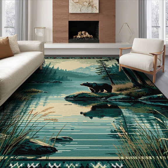 ODIKA 8'x10' Washable Area Rug Fishing Lake Border Cabin Forest Wildlife Print Motif Motifs for King Size Bedroom Under Bed, Master Suite, Non-Shedding, Easy Care
