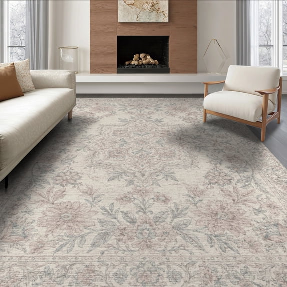 ODIKA 8'x10' Washable Area Rug Floral Medallion With Distressed Scroll Border And Botanical Sprays Vintage for King Size Bedroom Under Bed, Master Suite, Non-Shedding, Easy Care