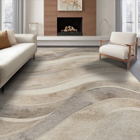 ODIKA 8'x10' Washable Area Rug Flowing Wave Watercolor Beige Neutral Interlocking Abstract Dynamic for Living Room, Under Sectional, Family , Durable, Non-Slip