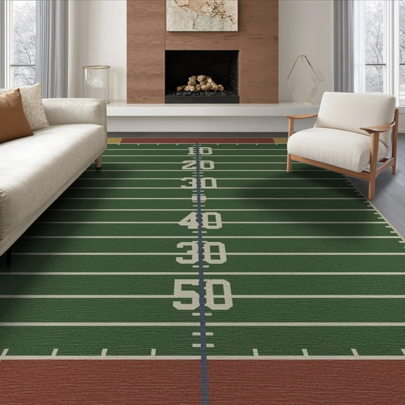 ODIKA 8'x10' Washable Area Rug Football Door Field Gridiron Retro Athletic Stripes Bold Border for King Size Bedroom Under Bed, Master Suite, Non-Shedding, Easy Care