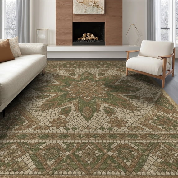 ODIKA 8'x10' Washable Area Rug Forest Terracotta Bold Geometric Decorative Border Sage Alfombra for Living Room, Under Sectional, Family , Durable, Non-Slip