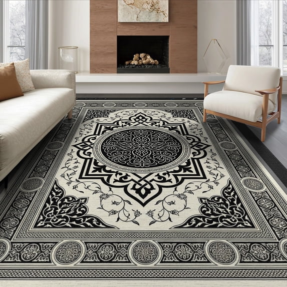 ODIKA 8'x10' Washable Area Rug Foyer Ornamental Boho Delicate Repeating Bands Entryway Beige for Dining Room, Large Office, Lounge, Non-Slip Chair-Friendly Mat