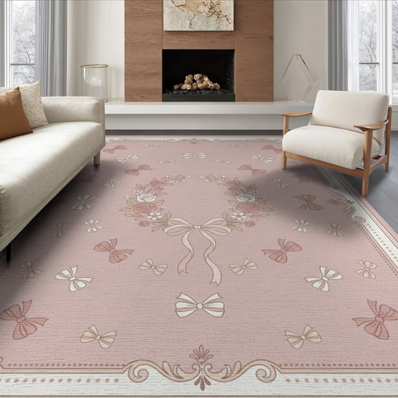 ODIKA 8'x10' Washable Area Rug Frame Border Dainty Polka Dot Cute Motif Wreath Centerpiece Playful for Living Room, Under Sectional, Family , Durable, Non-Slip