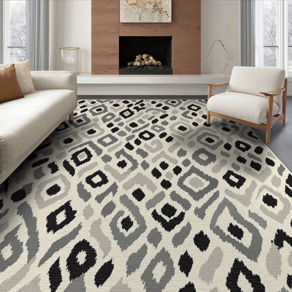 ODIKA 8'x10' Washable Area Rug Under Freeform Arrangement Asymmetrical Motif Minimalist Ellipse for Dining Room, Large Office, Lounge, Non-Slip Chair-Friendly Mat