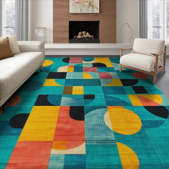 ODIKA 8'x10' Washable Area Rug Funky Retro Squiggle Mosaic Checkerboard Grid Motifs Memphis for Dining Room, Large Office, Lounge, Non-Slip Chair-Friendly Mat