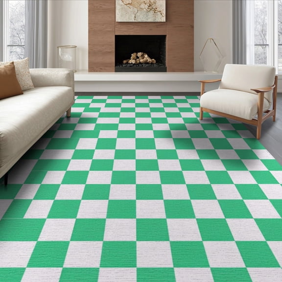ODIKA 8'x10' Washable Area Rug Fuzzy Tone Funky Chess Block Print Graphic Contemporary Checkered for Living Room, Under Sectional, Family , Durable, Non-Slip