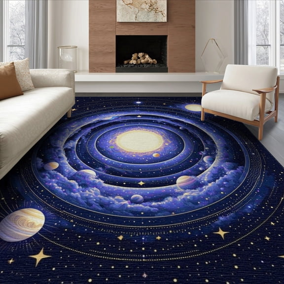 ODIKA 8'x10' Washable Area Rug Galaxy Concentric Nebula Planets Orbiting Stars Cosmic Map Ringed for Dining Room, Large Office, Lounge, Non-Slip Chair-Friendly Mat