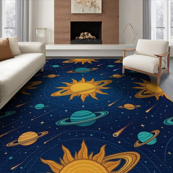 ODIKA 8'x10' Washable Area Rug Galaxy Starry Planetary Stars Themed Science Theme Large Planets Refined for Dining Room, Office, Lounge, Non-Slip Chair-Friendly Mat