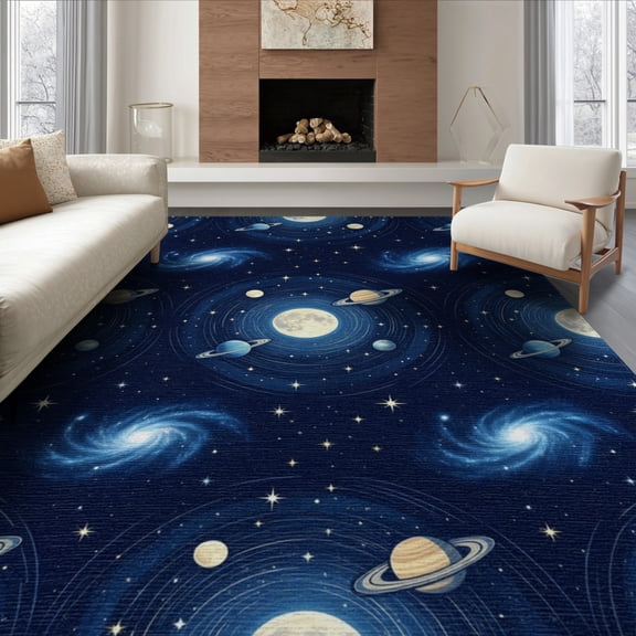 ODIKA 8'x10' Washable Area Rug Galaxy Starry Planets Motif Planetary Stars Themed Large Nebula Refined for Dining Room, Office, Lounge, Non-Slip Chair-Friendly Mat