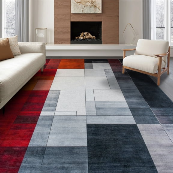 ODIKA 8'x10' Washable Area Rug Geometric Abstract Squares Bold Block Border Long Interlocking for Dining Room, Large Office, Lounge, Non-Slip Chair-Friendly Mat