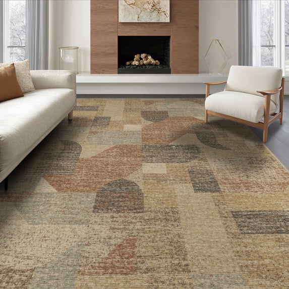 ODIKA 8'x10' Washable Area Rug Geometric Asymmetrical Blocks Faded Motifs Transitional Contemporary for Dining Room, Large Office, Lounge, Non-Slip Chair-Friendly Mat