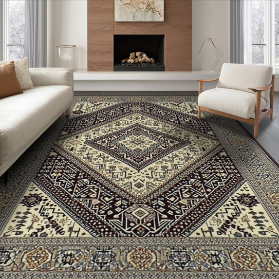 ODIKA 8'x10' Washable Area Rug Geometric Boho Neutral Border Detail Farmhouse Minimalist Large for King Size Bedroom Under Bed, Master Suite, Non-Shedding, Easy Care