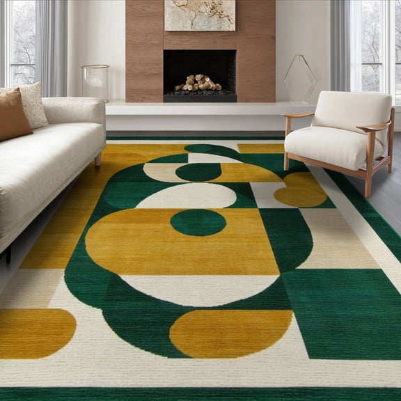 ODIKA 8'x10' Washable Area Rug Geometric Century Mid Abstract Retro Interlocking Hallway School for Living Room, Under Sectional, Family , Durable, Non-Slip