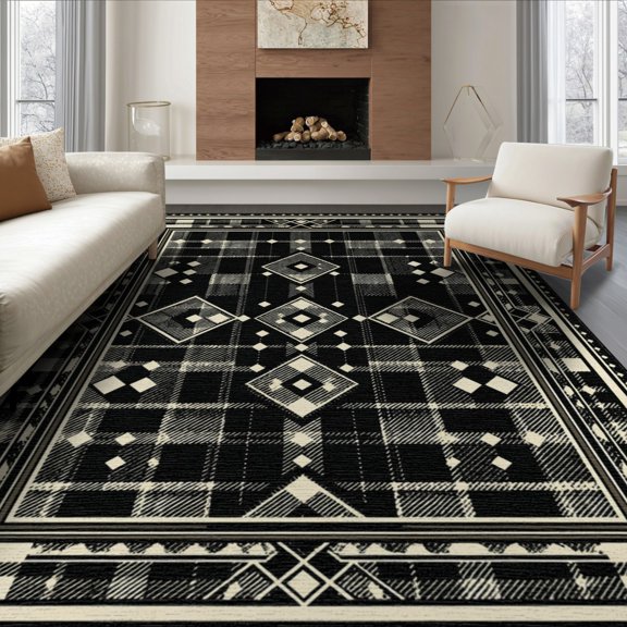 ODIKA 8'x10' Washable Area Rug Geometric Farmhouse Grid Border Entry Music Long Checkered Dot Refined for King Size Bedroom Under Bed, Master Suite, Non-Shedding, Easy Care