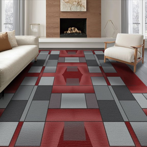 ODIKA 8'x10' Washable Area Rug Geometric Graphic Squares Transitional Border Interlocking Abstract for Living Room, Under Sectional, Family , Durable, Non-Slip