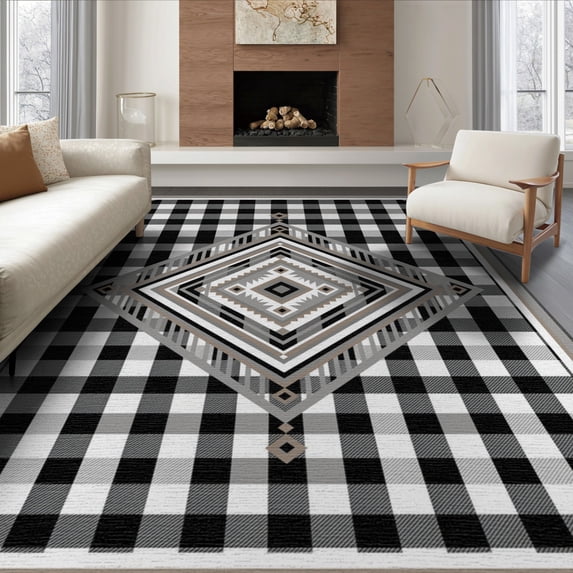 ODIKA 8'x10' Washable Area Rug Geometric Grid Print Accent Central Motif Design Porch Decor for Living Room, Under Sectional, Family , Durable, Non-Slip