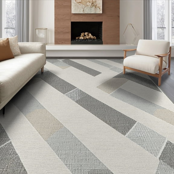 ODIKA 8'x10' Washable Area Rug Geometric Herringbone Diagonal Interlocking Lattice Zigzag Motif for King Size Bedroom Under Bed, Master Suite, Non-Shedding, Easy Care