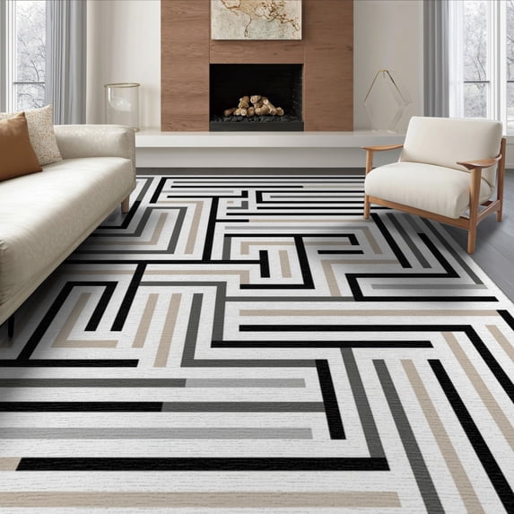 ODIKA 8'x10' Washable Area Rug Geometric Interlocking Block Angular Asymmetrical Bands Grey for Living Room, Under Sectional, Family , Durable, Non-Slip