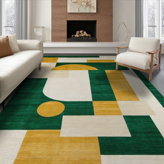 ODIKA 8'x10' Washable Area Rug Geometric Mid Century Abstract Retro Interlocking Shapes Hallway for King Size Bedroom Under Bed, Master Suite, Non-Shedding, Easy Care