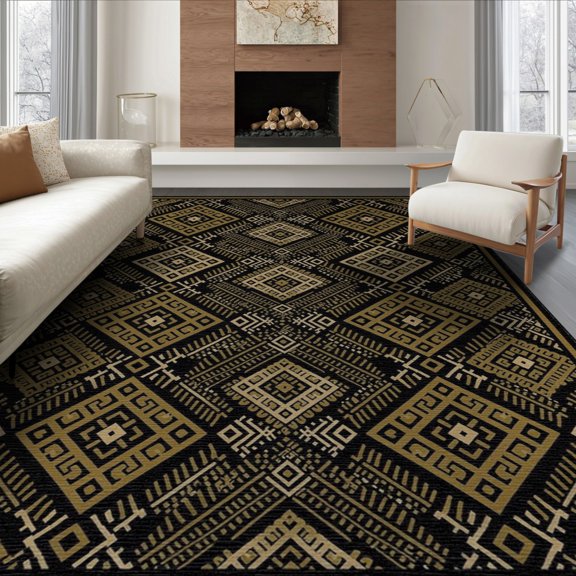 ODIKA 8'x10' Washable Area Rug Geometric Motif Boho Detailing Interlocking Lattice Abstract Flowing Dynamic for Living Room, Under Sectional, Family , Durable, Non-Slip