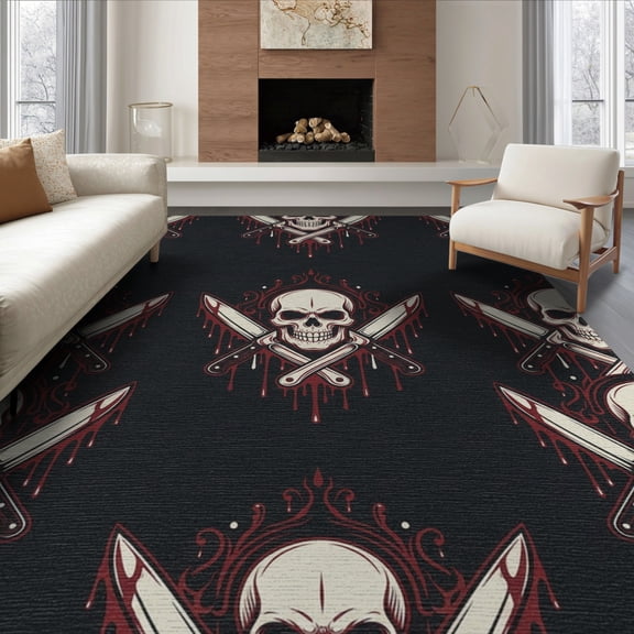 ODIKA 8'x10' Washable Area Rug Ghost Horror Eerie Skull Blade Vintage Decorative Gothic Halloween for King Size Bedroom Under Bed, Master Suite, Non-Shedding, Easy Care