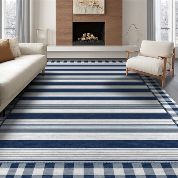 ODIKA 8'x10' Washable Area Rug Gingham Border Frame Wide Band Alternating Stripe Striped Stripes for Living Room, Under Sectional, Family , Durable, Non-Slip