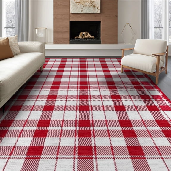 ODIKA 8'x10' Washable Area Rug Gingham Striped Tartan Farmhouse Checkered Front Layering Plaid Flowing Dynamic for King Size Bedroom Under Bed, Master Suite, Non-Shedding, Easy Care