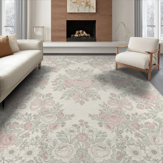 ODIKA 8'x10' Washable Area Rug Girly Boho Wildflower Clusters Ribbon Bows Delicate Pastel Motif for Living Room, Under Sectional, Family , Durable, Non-Slip