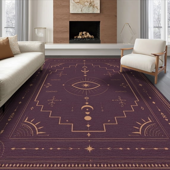 ODIKA 8'x10' Washable Area Rug Gold Burgundy Mystical Celestial Design Ornate Symbols with Star and Moon Motifs for King Size Bedroom Under Bed, Master Suite, Non-Shedding, Easy Care