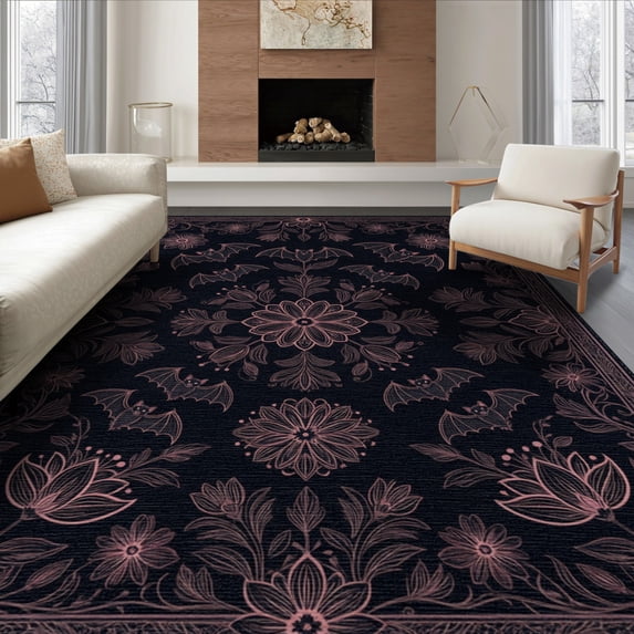 ODIKA 8'x10' Washable Area Rug Gothic Bat Trailing Vine Flowers Halloween Decorative Purple for Living Room, Under Sectional, Family , Durable, Non-Slip