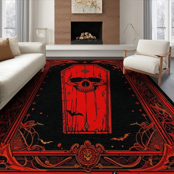 ODIKA 8'x10' Washable Area Rug Gothic Coffin With Skull Bat Spider Web Cross Halloween Horror for King Size Bedroom Under Bed, Master Suite, Non-Shedding, Easy Care