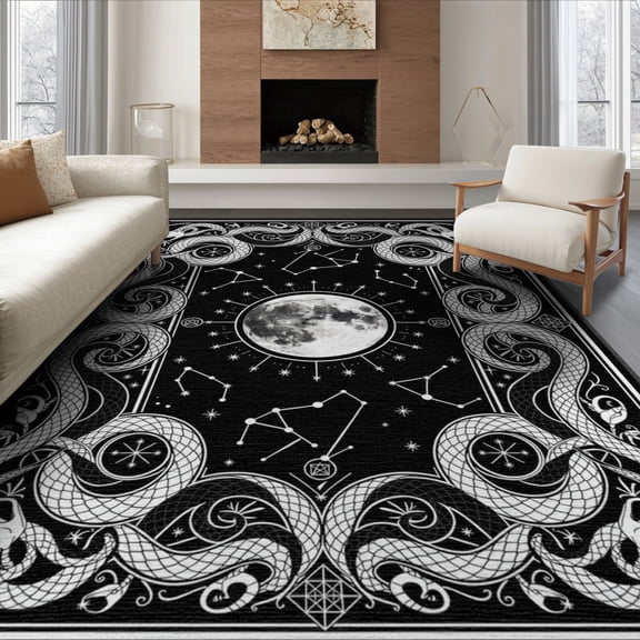ODIKA 8'x10' Washable Area Rug Gothic Constellation Snake Divination Witchy Monochrome Mushroom for Dining Room, Large Office, Lounge, Non-Slip Chair-Friendly Mat