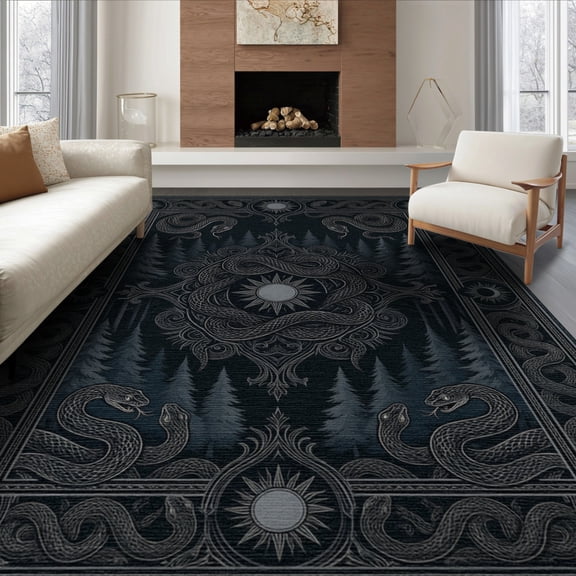 ODIKA 8'x10' Washable Area Rug Gothic Decorative Coiling Serpent Woodland Featuring Witchy Whimsy for Living Room, Under Sectional, Family , Durable, Non-Slip