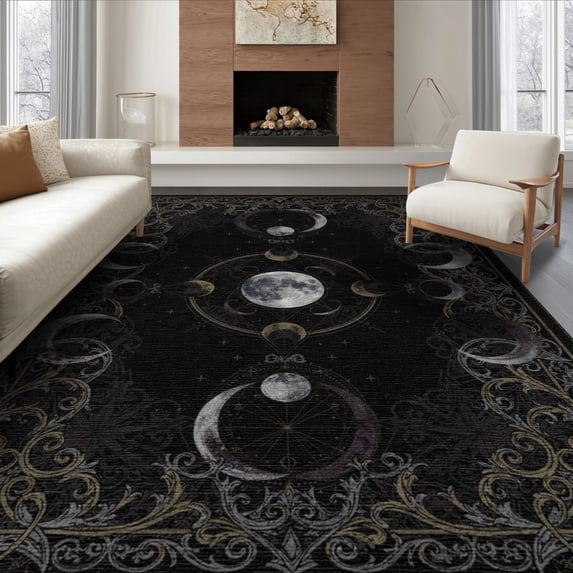 ODIKA 8'x10' Washable Area Rug Gothic Decorative Witchy Filigree Symmetrical Lunar Goth Corridor for Dining Room, Large Office, Lounge, Non-Slip Chair-Friendly Mat